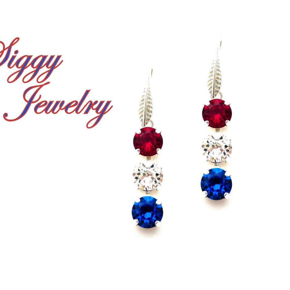 Triple Stone Swarovski Crystal Patriotic Earrings, Red White and Blue Dangles